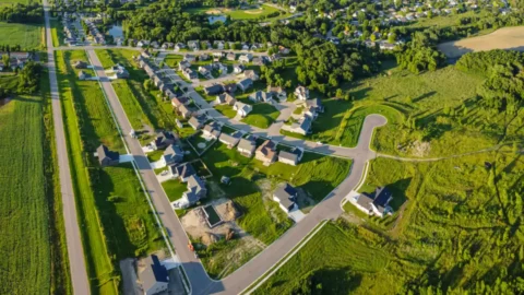Aerial view of a suburban neighborhood with curving streets, new homes and a few lots under construction, bordered by green farm fields and a lake in the distance.